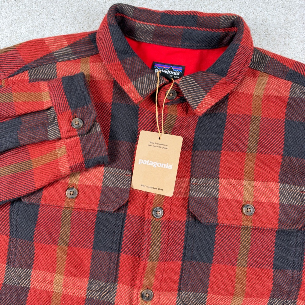 NEW Patagonia Fjord Loft Shirt Mens M Amanita Red Plaid Organic Cotton